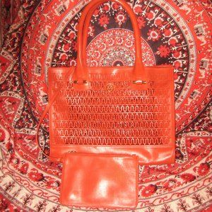 Tory Burch Bags 2 Pc Tory Burch Georgiana Orange Red Perforated Laser Cut Tote Purse Clutch Poshmark